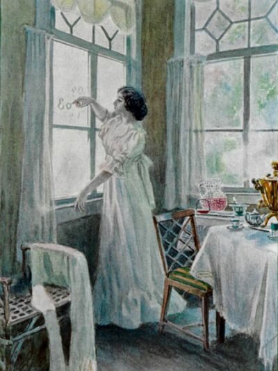 Татьяна пишет на стекле вензель О да Е